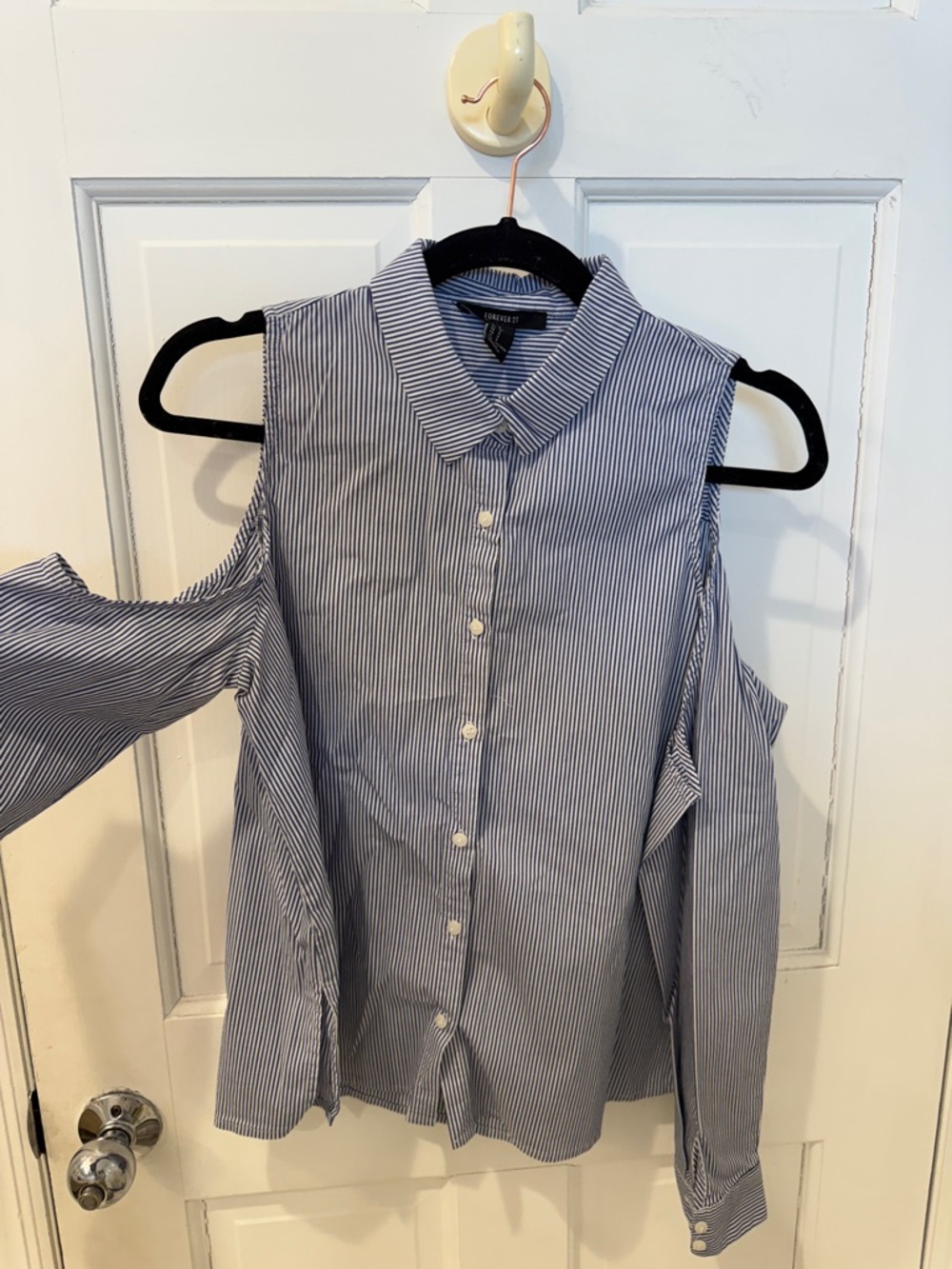 Vintage Cold-Shoulder Pinstripe Button-Down Top - Blue